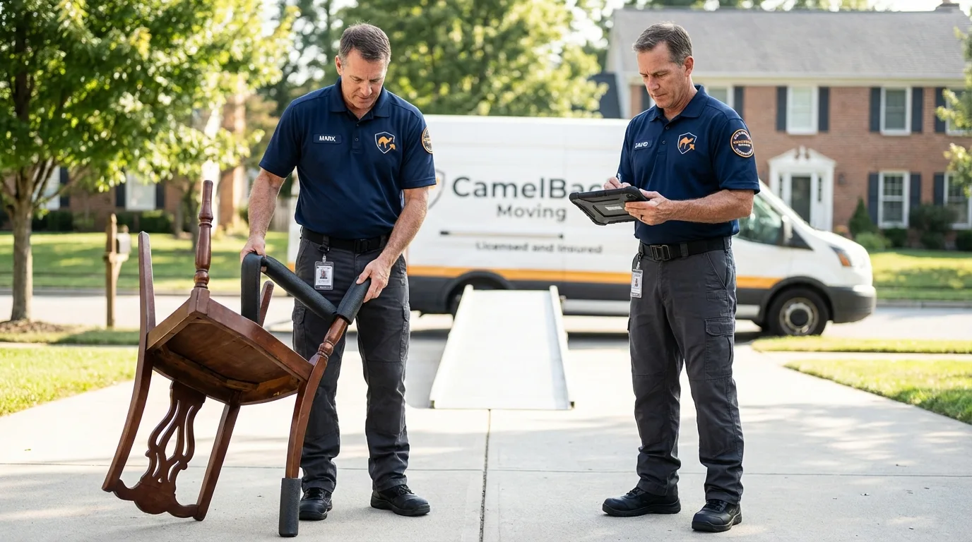 Movers inspecting furniture for damage prevention before loading in Loa, UT